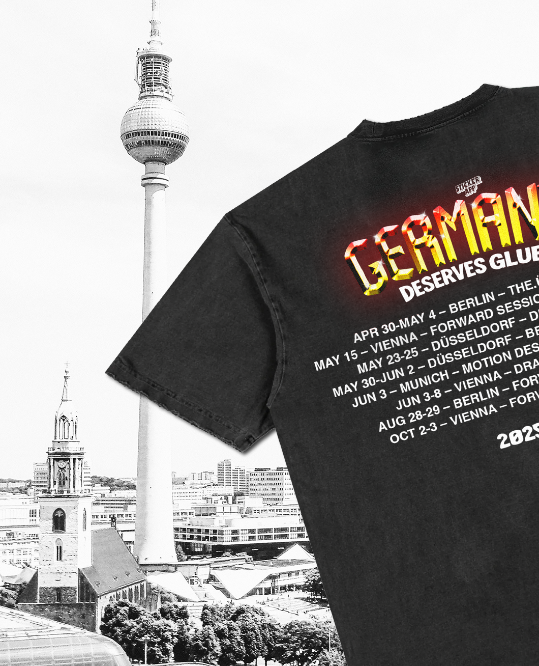 La torre della televisione di Berlino e una T-shirt nera del tour "Germany Deserves Glue" con le date 2025, versione mobile