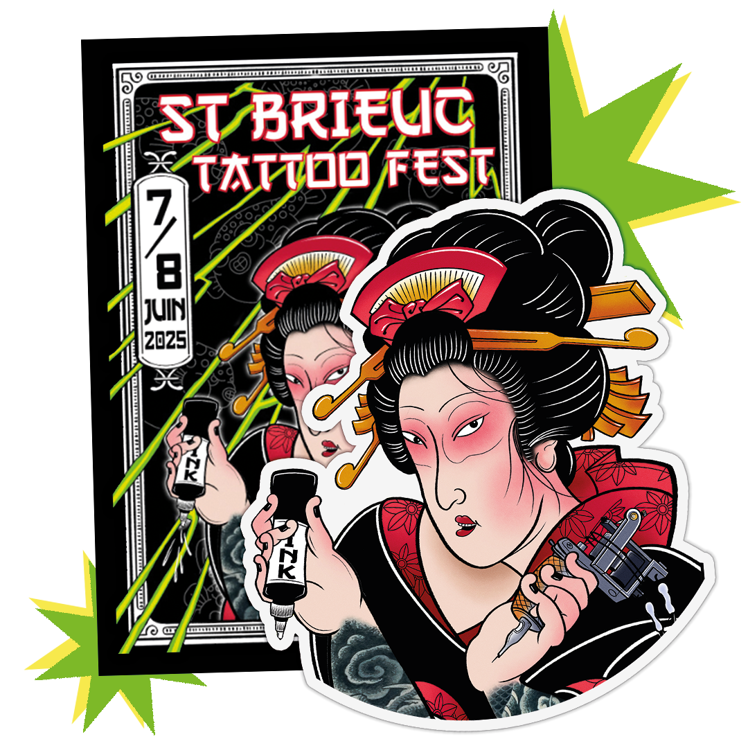 Poster del St Brieuc Tattoo Fest 2025 con un adesivo sagomato di una geisha con inchiostro e macchinetta per tatuaggi