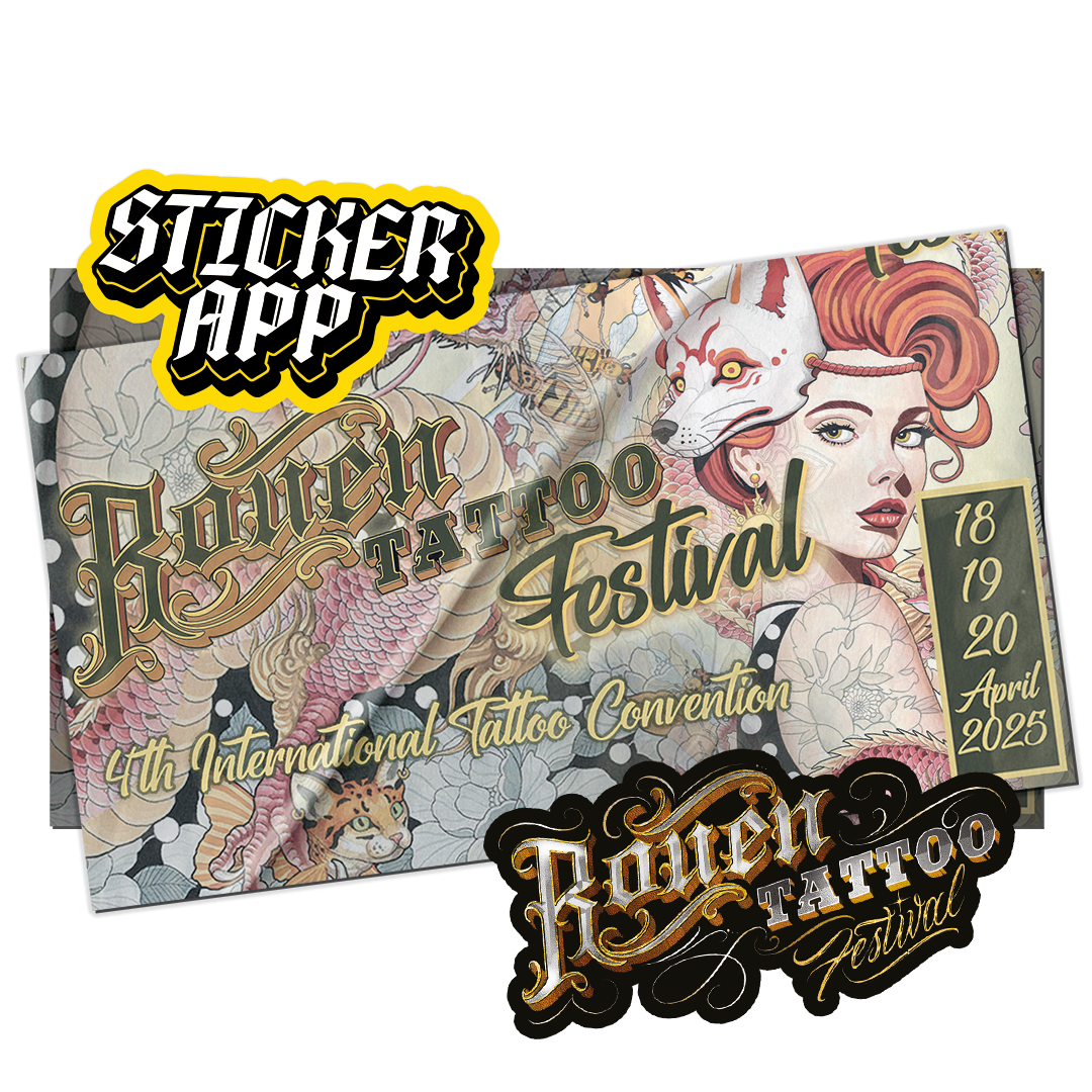 Poster del Rouen Tattoo Festival 2025 con un adesivo StickerApp e un adesivo con il logo dorato del festival