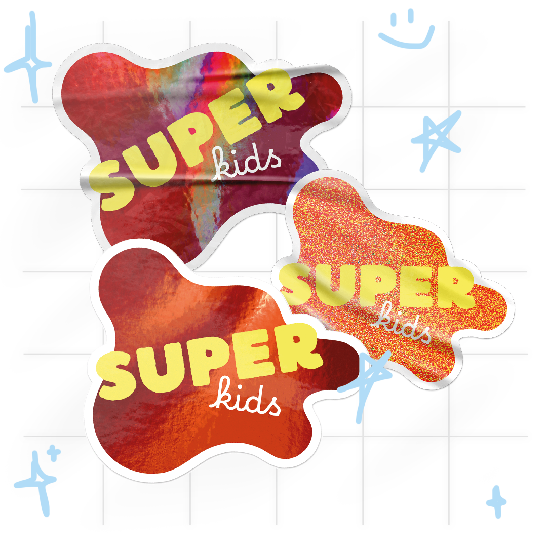 Adesivi "Super Kids" a forma di macchia con finiture olografica e glitter per Super Kids Paris