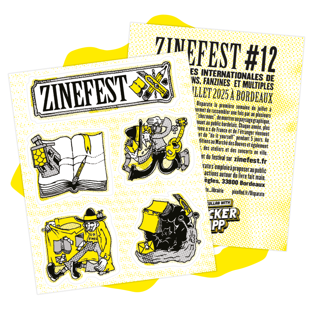 Foglio di adesivi di ZINEFEST Bordeaux con illustrazioni a tema fanzine accanto al volantino del festival