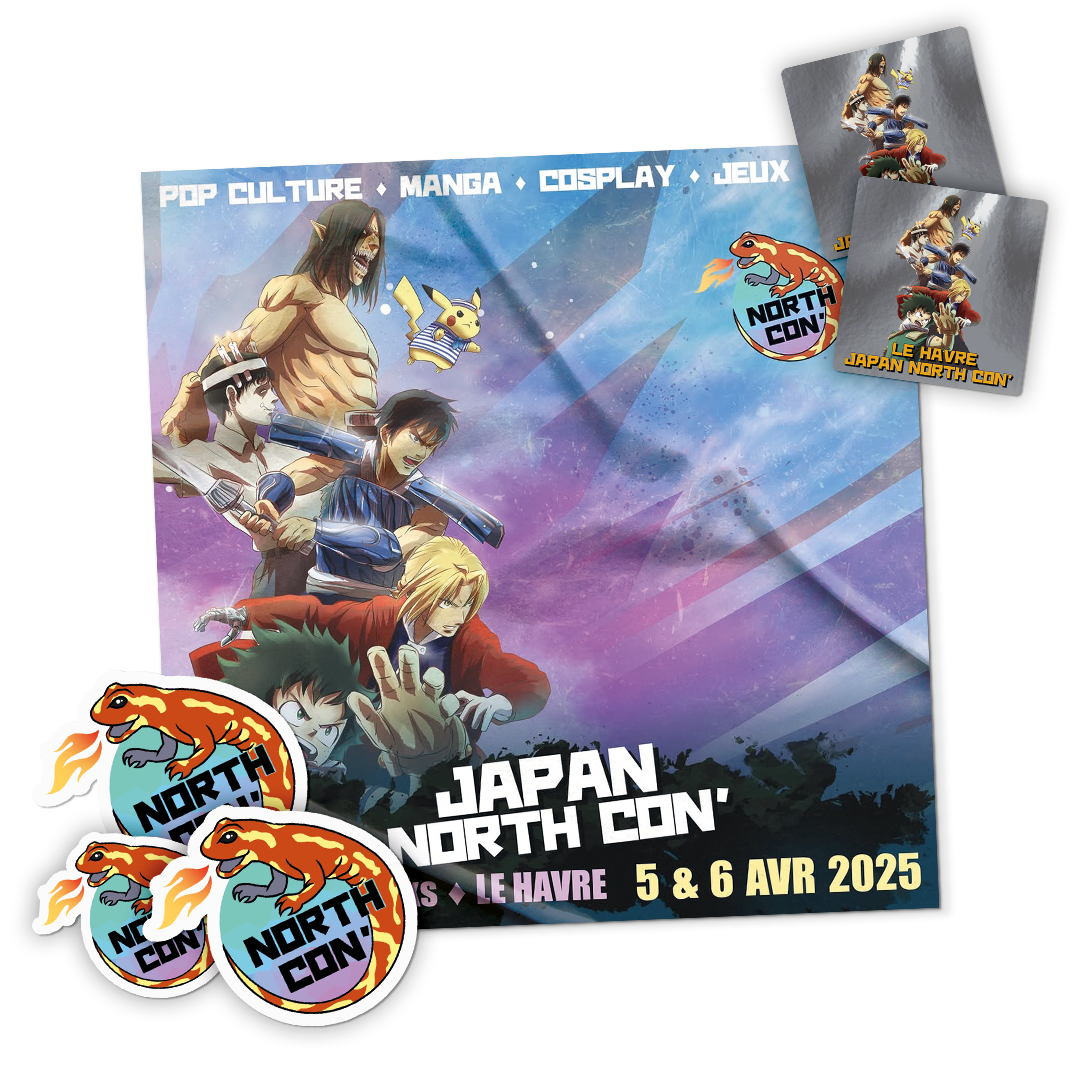 Poster anime della Japan North Con' 2025 a Le Havre con adesivi sagomati con il logo della salamandra