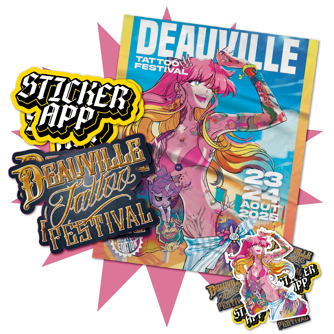 Poster del Deauville Tattoo Festival con una donna tatuata in stile anime e adesivi della collaborazione con StickerApp
