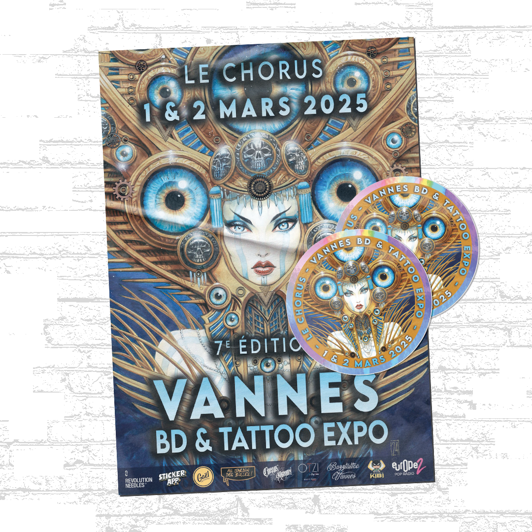 Poster del Vannes BD & Tattoo Expo 2025 con adesivi rotondi olografici abbinati