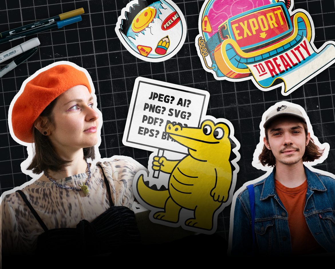 Creative sticker designs and illustrated characters on a cutting mat, including a crocodile holding a sign with file formats like PNG, SVG, PDF, and EPS.