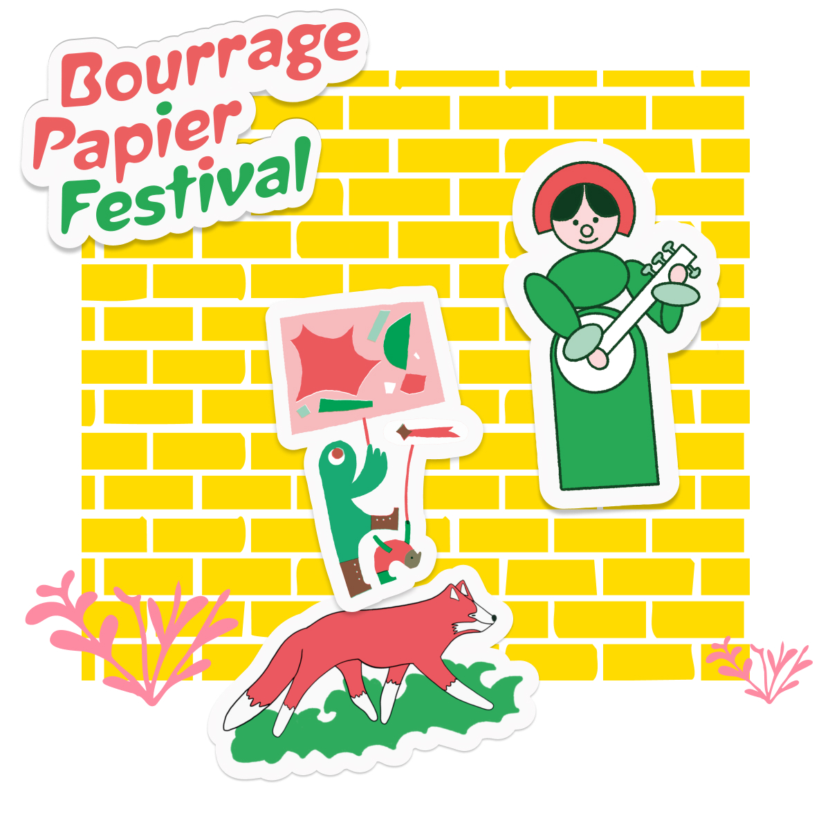 Adesivi del Bourrage Papier Festival con una volpe, una suonatrice di banjo e una figura con un cartello su un muro di mattoni gialli
