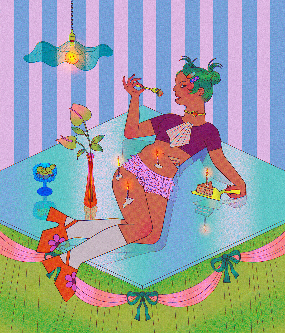 Stylized woman lounging on a table with cake, holding a fork. Colorful decor includes striped wallpaper, flowers, and a glowing lamp.
