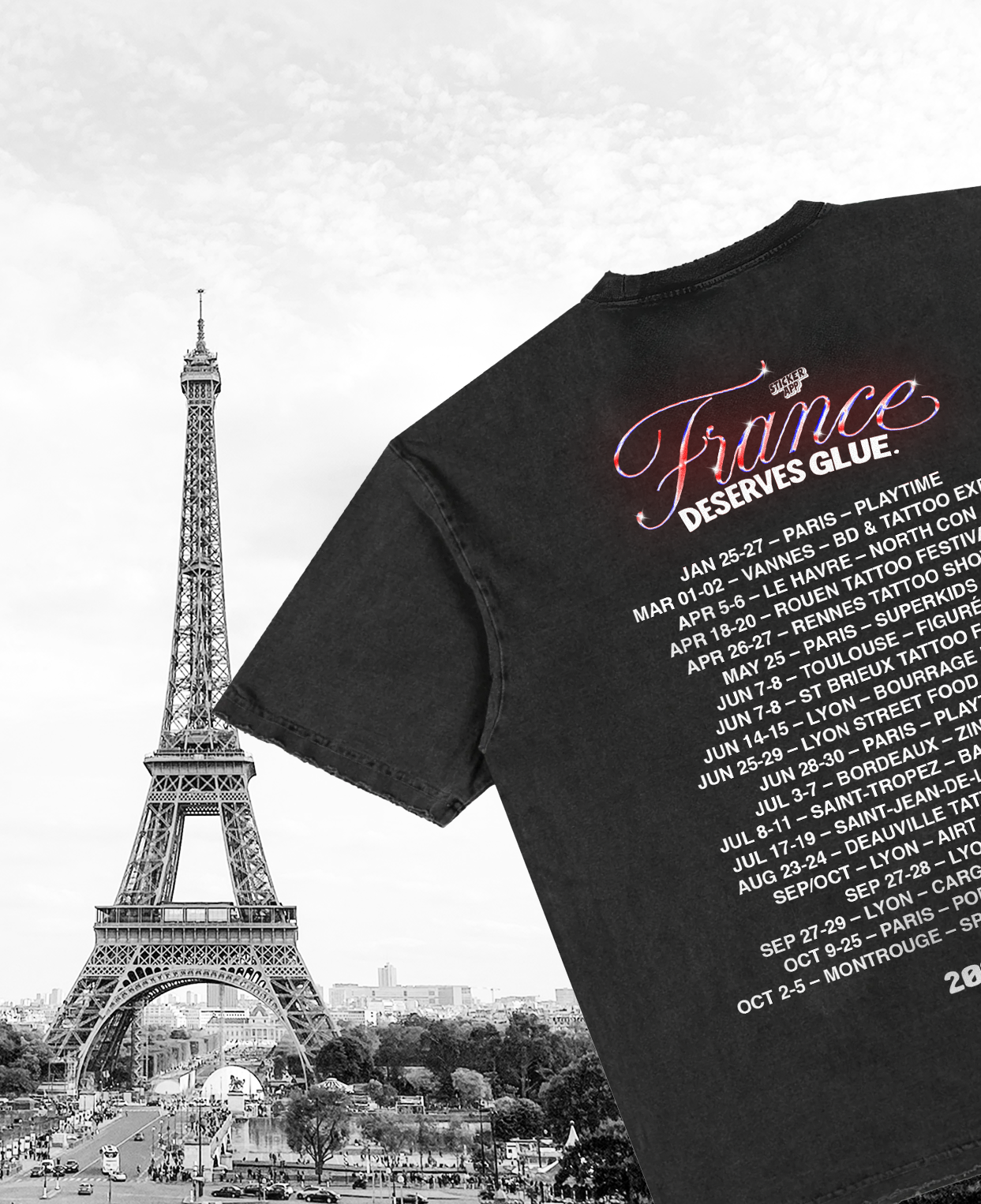 Torre Eiffel accanto a una maglietta nera del tour "France Deserves Glue" con le date 2025, versione mobile