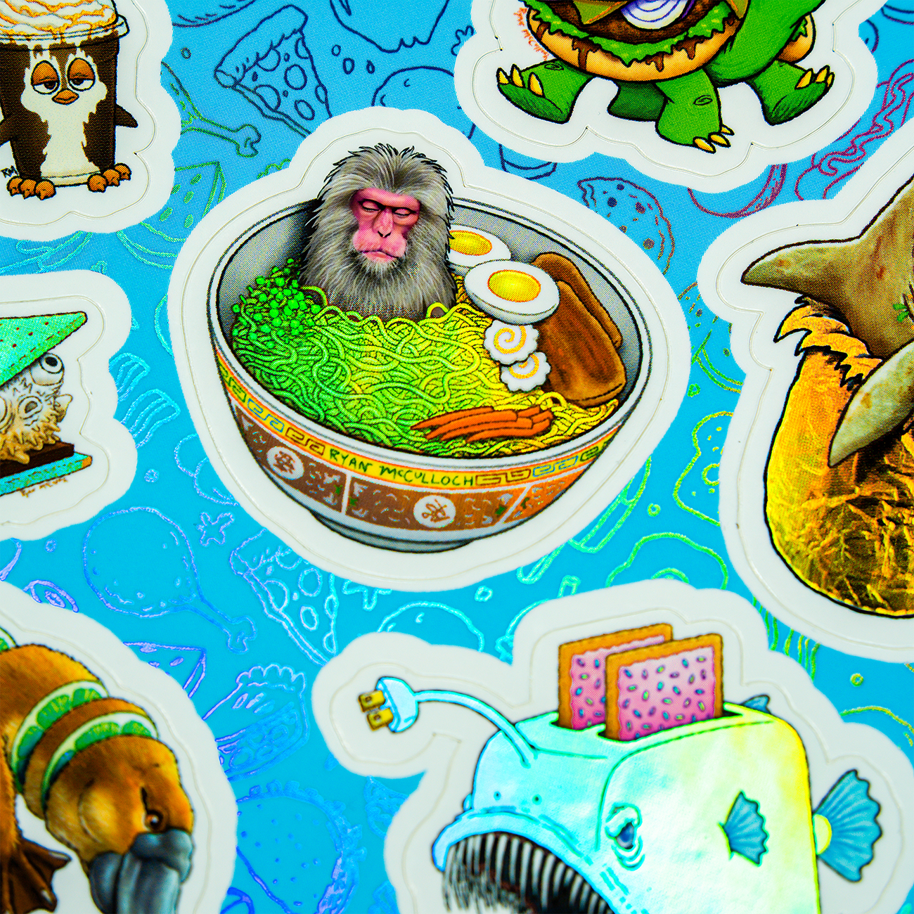 holographic monkey sitting in a bowl of ramen noodles against a blue background