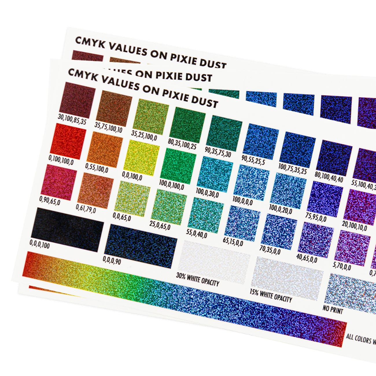 CMYK color charts in Pixie Dust material showing opacities and colors printed on the material