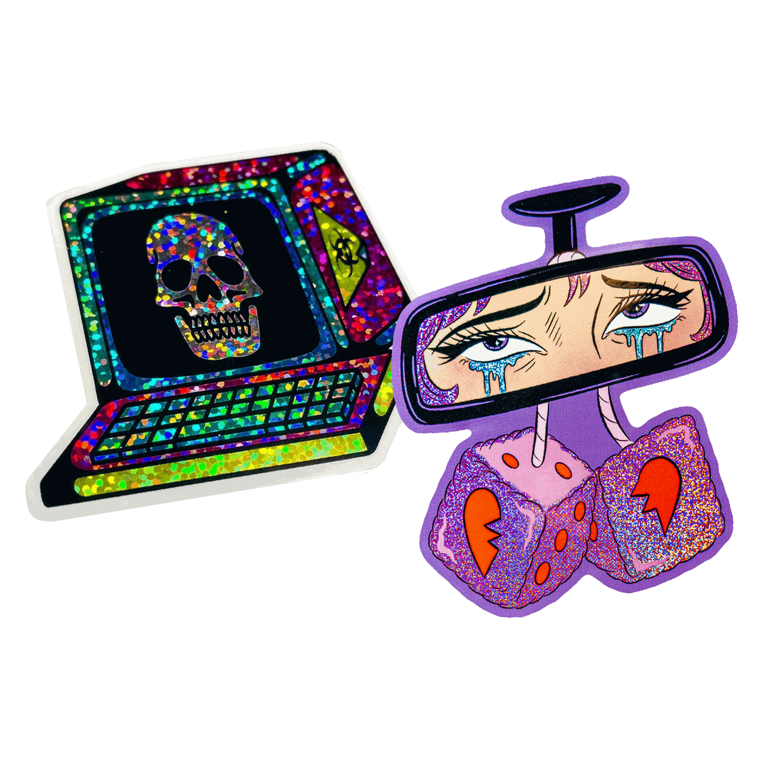 Adesivo sagomato glitter con un computer retrò e un teschio sullo schermo, accanto a un adesivo sagomato Pixie Dust a forma di specchietto retrovisore con occhi in lacrime e dadi di peluche