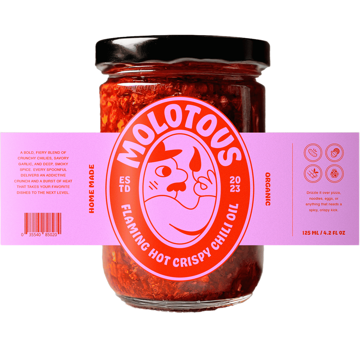 Barattolo di vetro di Molotous Flaming Hot Crispy Chili Oil con un'etichetta personalizzata rosa e rossa avvolgente