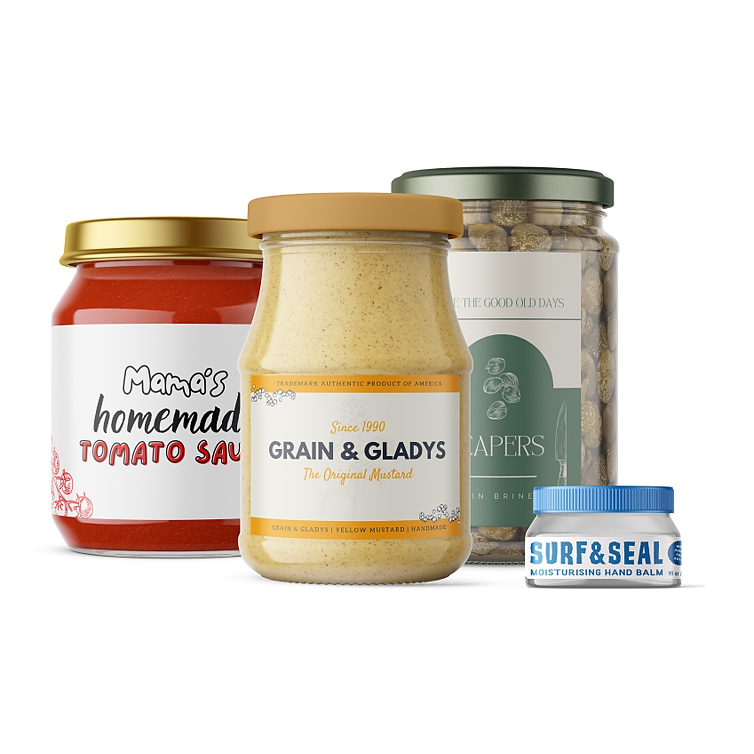 Etichette personalizzate su barattoli: salsa di pomodoro "Mama's homemade", senape "Grain & Gladys", capperi e un vasetto di balsamo per mani "Surf & Seal"