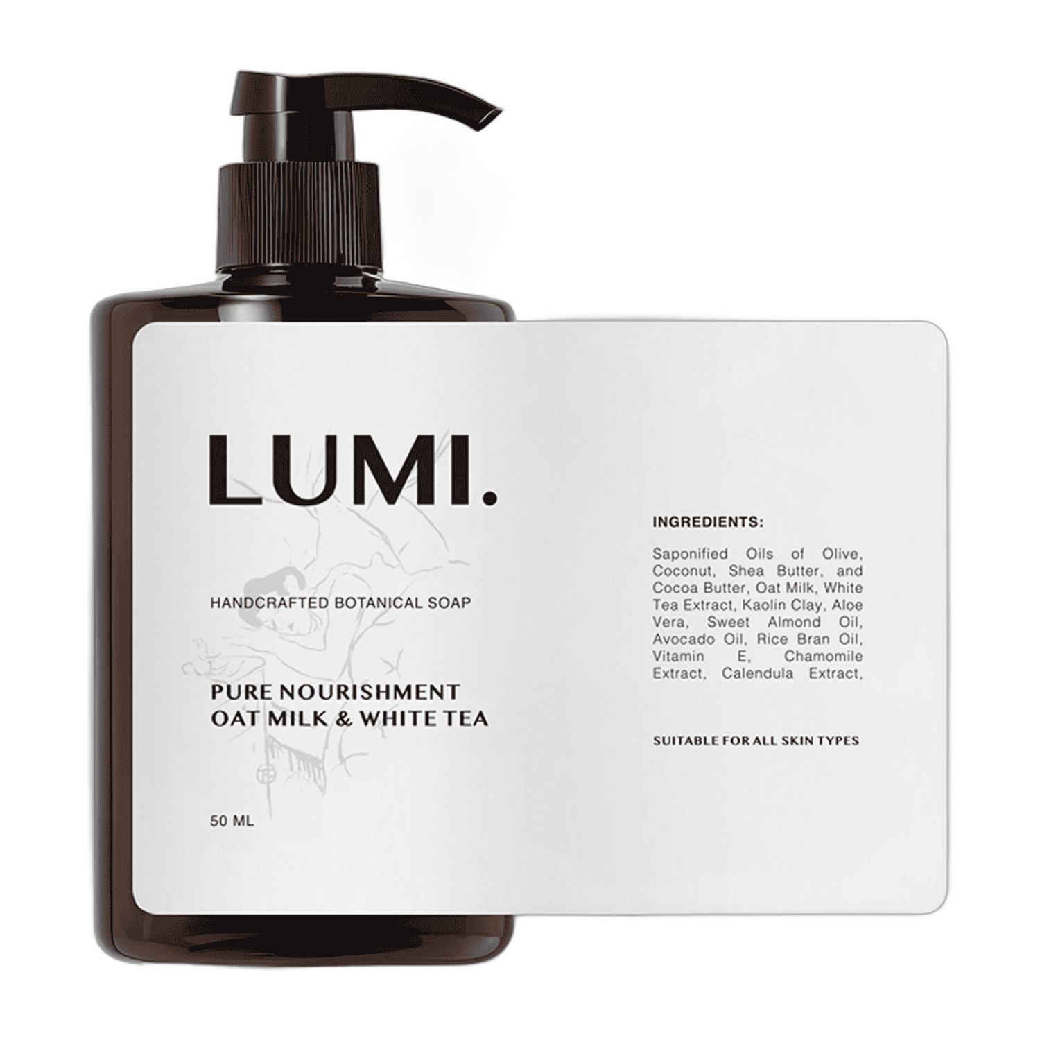 Flacone marrone con dosatore di sapone botanico artigianale LUMI con etichetta personalizzata bianca, accanto all'etichetta intera stesa con gli ingredienti