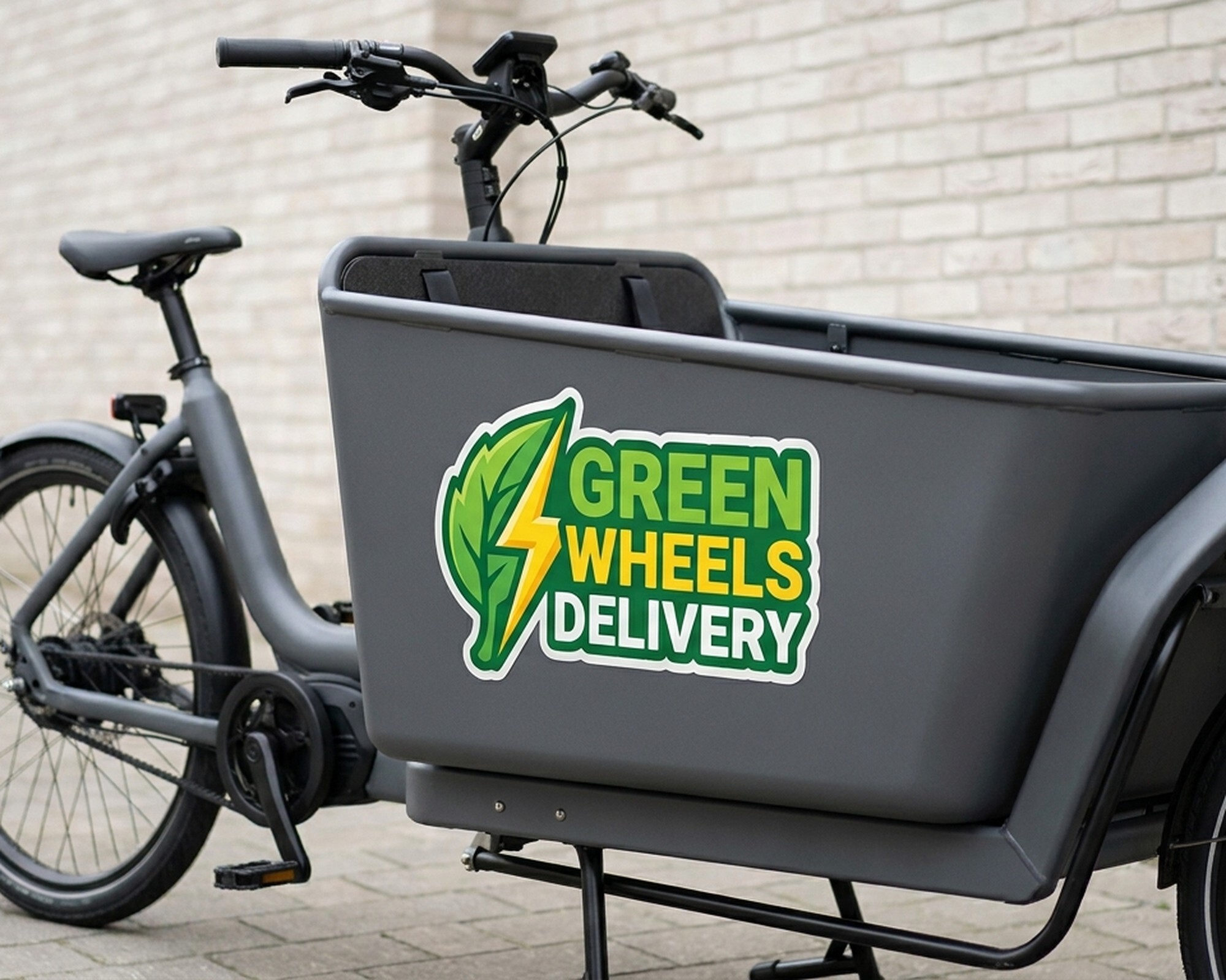 Decalcomania personalizzata fustellata con logo di foglia e fulmine e la scritta "Green Wheels Delivery" sul cassone di una cargo bike