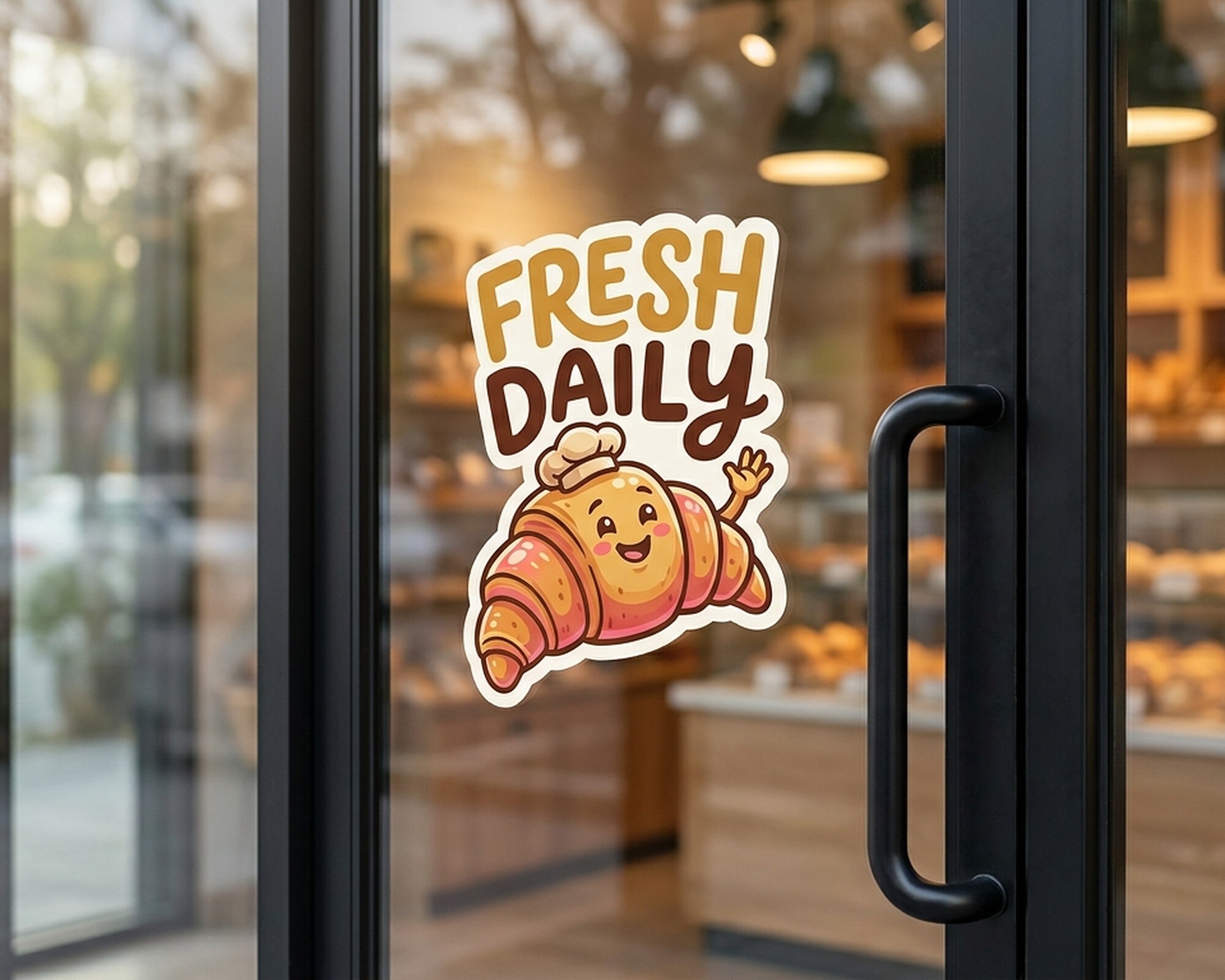 Decalcomania personalizzata fustellata con un croissant sorridente e la scritta "Fresh Daily" sulla porta a vetri di una panetteria