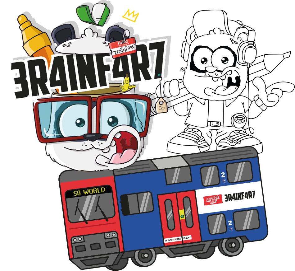 Illustrazione Brainfart x StickerApp con il logo 3R4INF4R7, due personaggi in stile cartoon e un treno regionale S8 World